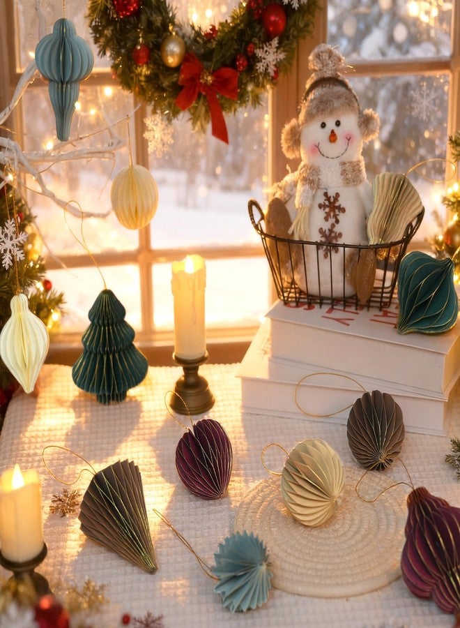 CUPLOOV 12Pcs Paper Honeycomb Christmas Tree Decorations, 3D Mini Glitter Edge Paper Honeycomb Lantern Ornaments for Vintage Neutral Christmas Party Home Decor Mixed - Image 2